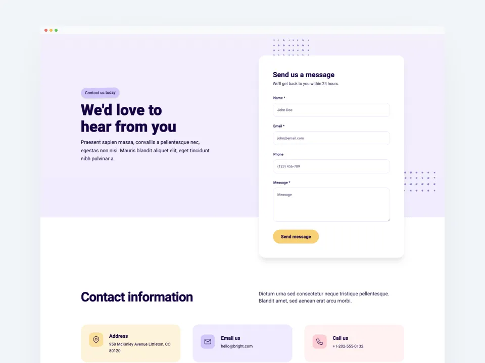 Bright template contact page